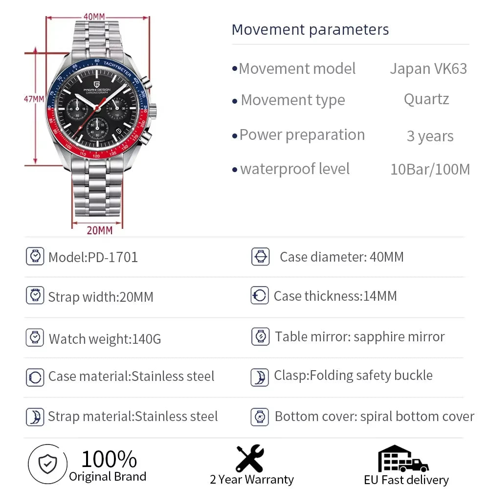 Reloj de lujo para hombre PAGANI DESIGN Moon 2026, cronógrafo de cuarzo, cristal de zafiro AR, mecanismo japonés VK63, reloj deportivo luminoso