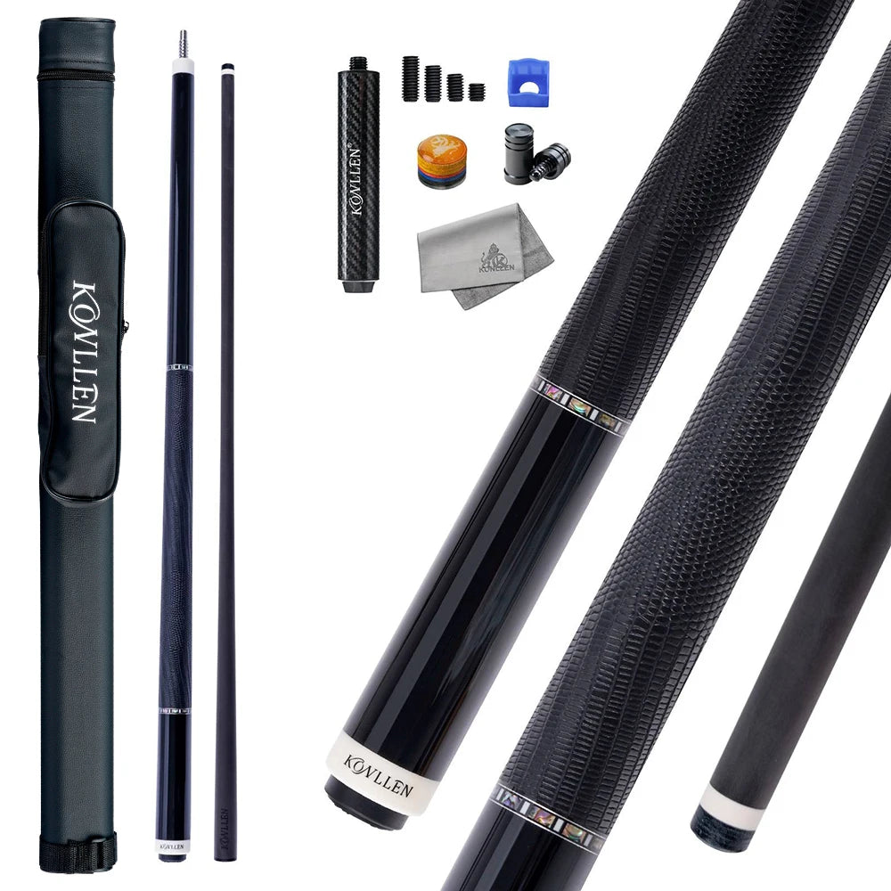 Taco de billar KONLLEN 2.0 de fibra de carbono con flecha Pro Taper de baja deflexión, 58 pulgadas, punta de 12.5 mm / 11.8 mm, pin radial e incrustaciones de ébano real.