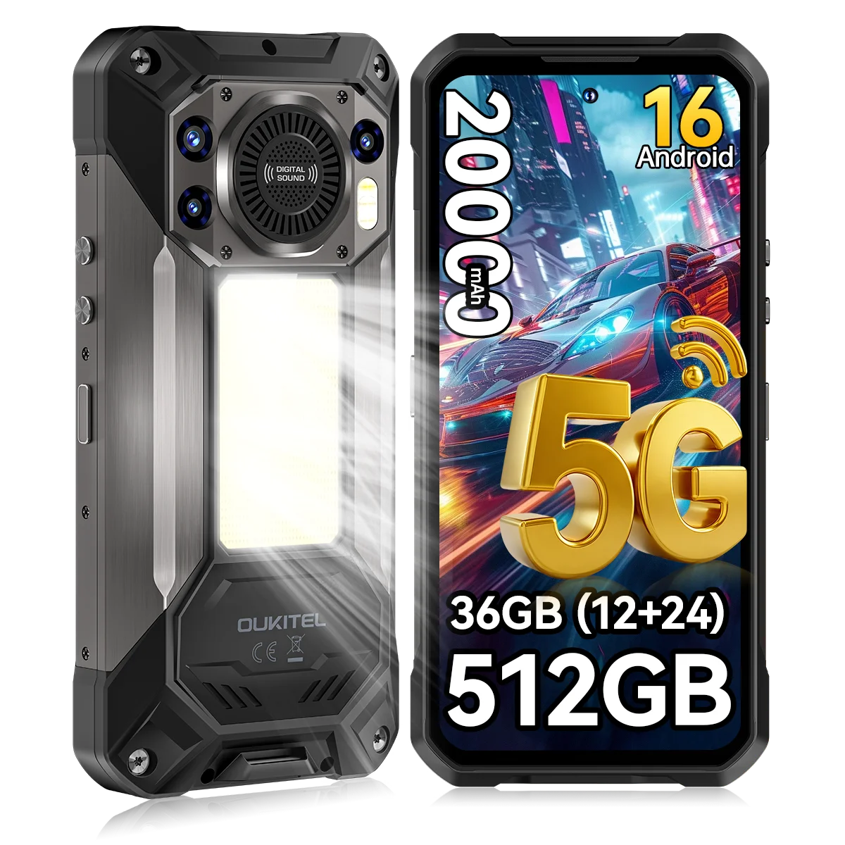 OUKITEL WP61, teléfono inteligente resistente 5G con Android, 16 GB de RAM, 36 GB de almacenamiento (12+24) + 512 GB, batería de 20000 mAh, carga rápida de 45 W, cámara de 108 MP, pantalla de 6,78 pulgadas, NFC, 120 Hz, p