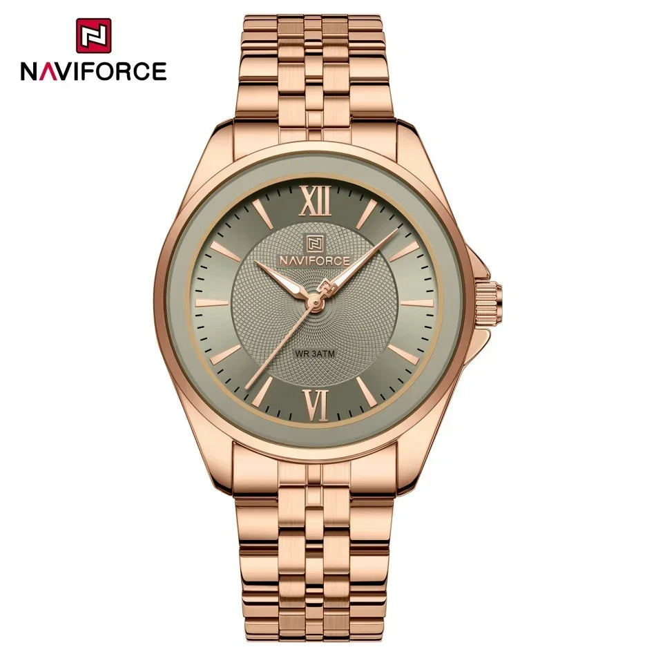 Reloj NAVIFORCE para mujer, creativo, con correa de acero inoxidable, a la moda, elegante, de cuarzo, resistente al agua 30m, reloj de pulsera femenino