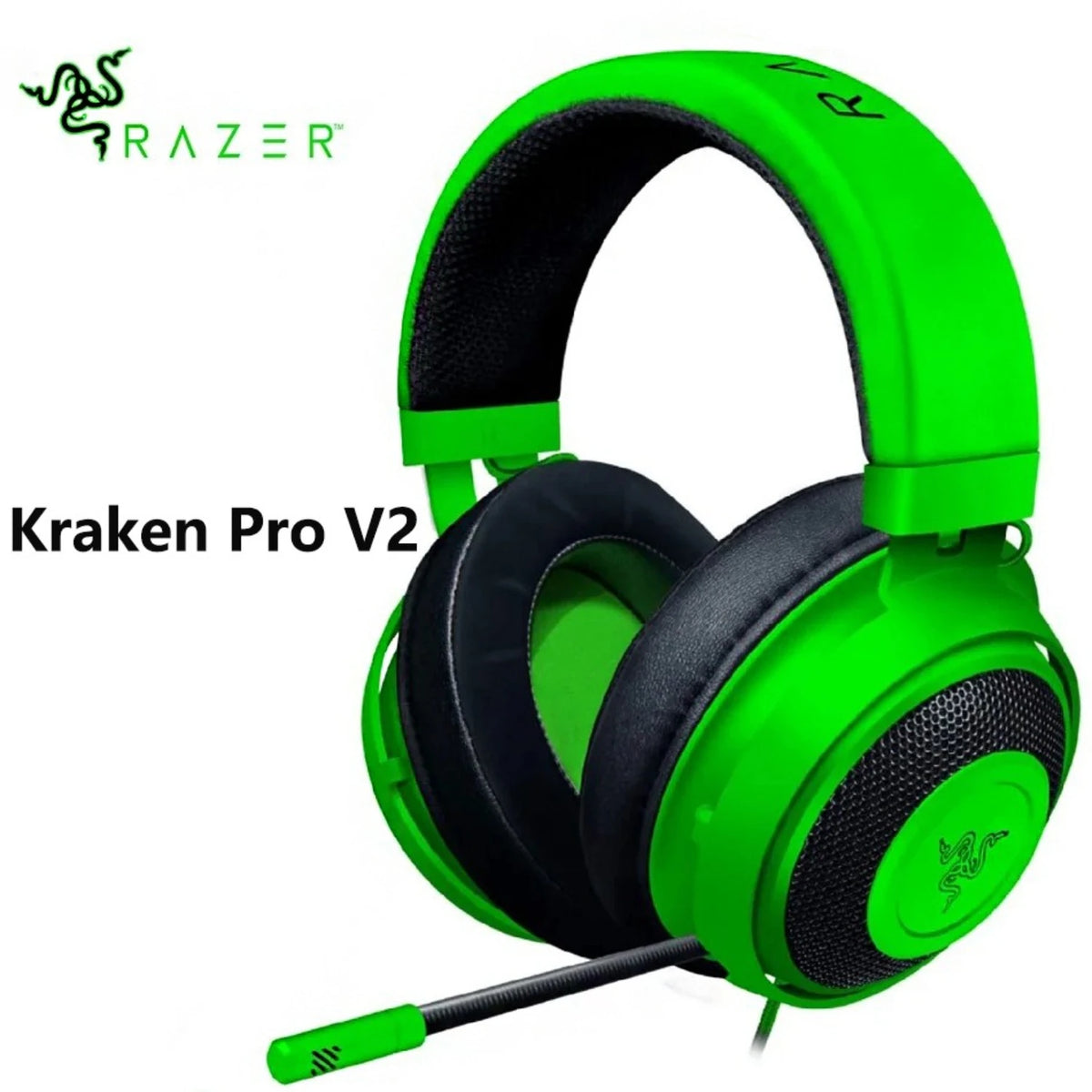 Auriculares gaming Razer con diadema verde, almohadillas negras y micrófono retráctil