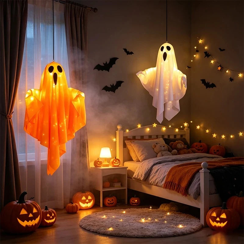 Lámpara fantasma colgante con luz para Halloween, decoración de fantasma de tela con luz LED a pilas, adorno colgante de fantasma espeluznante para dormitorio