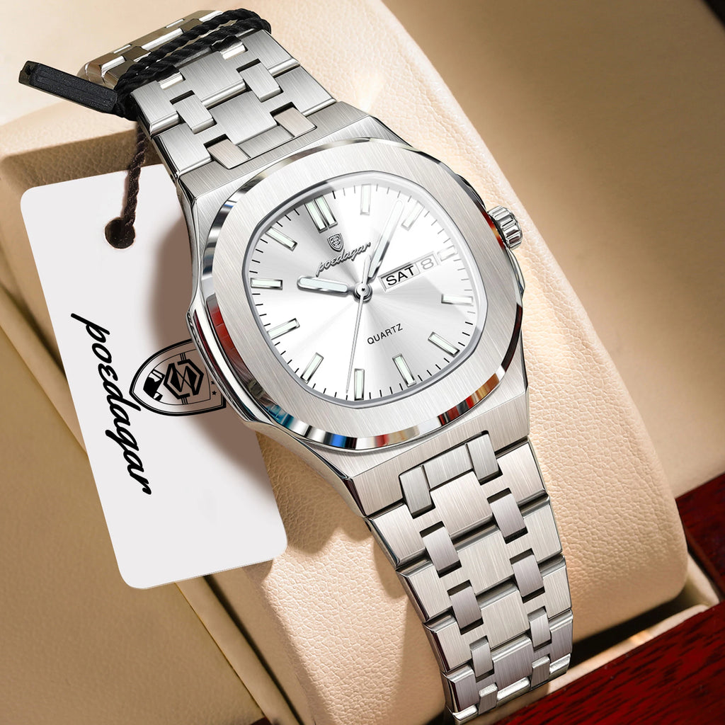 Reloj de pulsera de moda POEDAGAR para mujer, luminoso, resistente al agua, con fecha y día, de cuarzo, elegante, de acero inoxidable, reloj para mujer, regalo