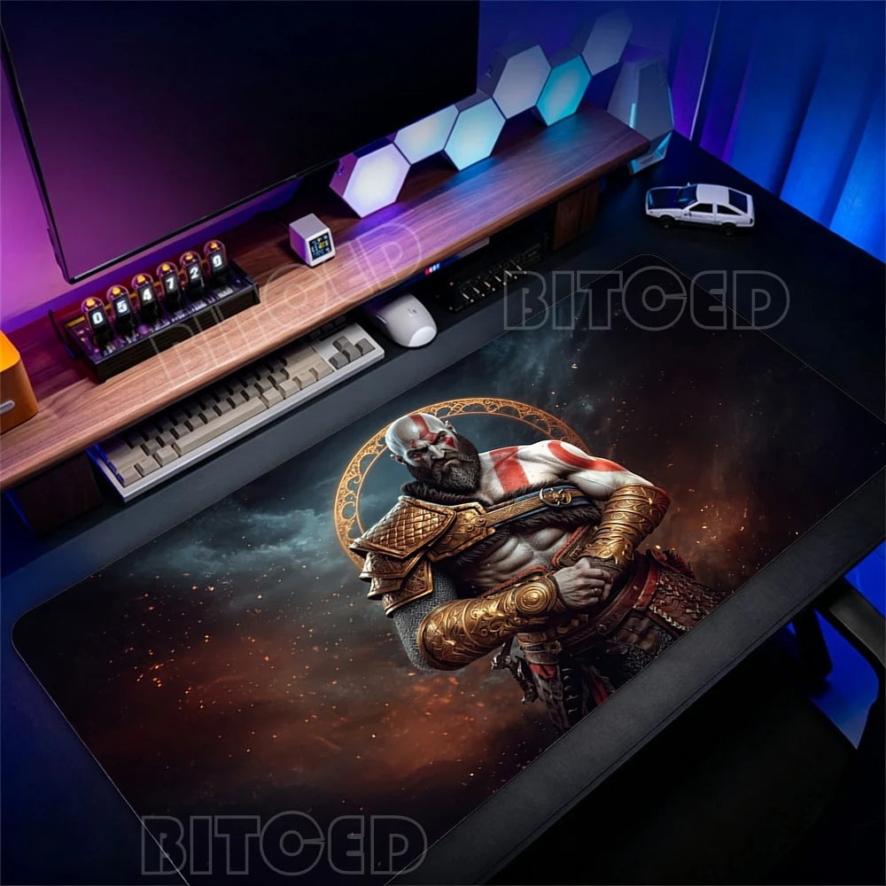 Alfombrilla de escritorio para teclado de ordenador, diseño de God of War Kratos, alfombrilla de ratón gaming grande, caucho natural, bordes cosidos, base antideslizante, alfombrilla de escritorio.