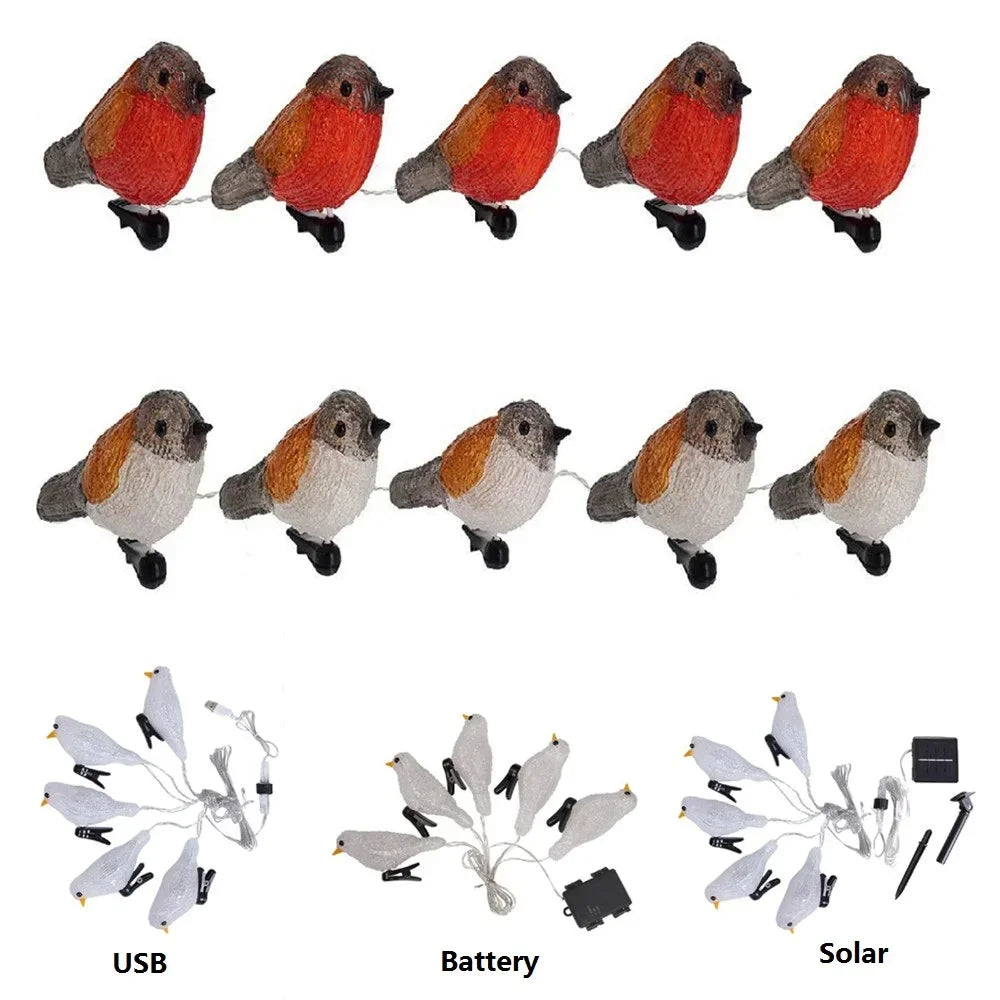 Guirnalda de luces acrílicas impermeables con forma de pájaro, 5 LED, alimentación por USB, batería o energía solar, lámpara de hadas para jardín, paisajismo, decoración de árboles, farol