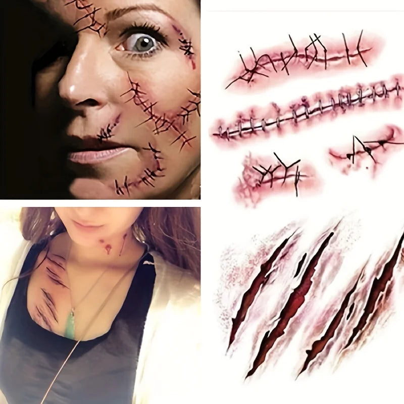 5/10 Uds. Pegatinas de tatuaje temporal de cicatriz de Halloween, tatuaje facial de coágulo de sangre roja, regalos de Cosplay impermeables para hombres y mujeres, decoración de fiesta