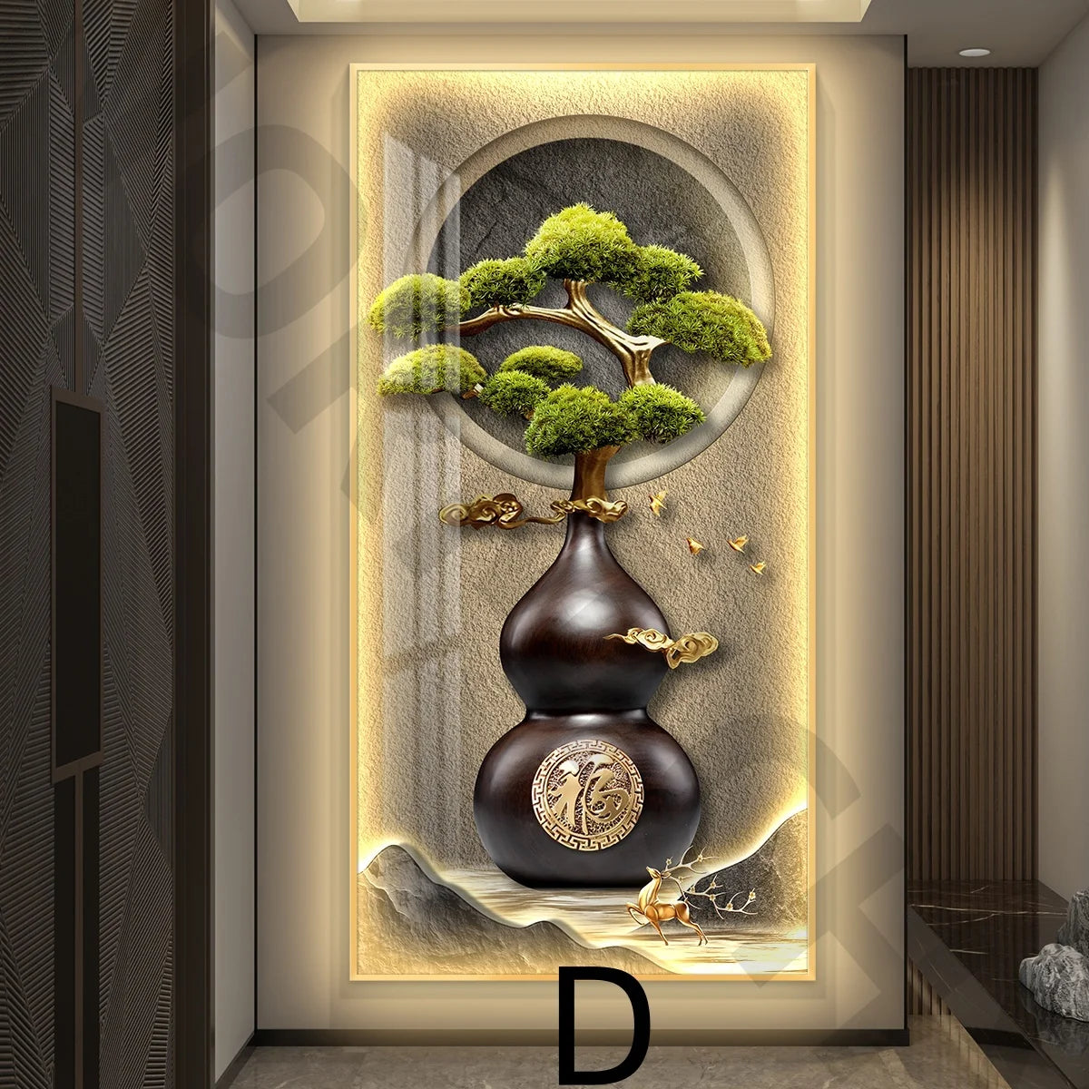 Pintura mural decorativa con jarrón oscuro, árbol verde y marco dorado iluminado