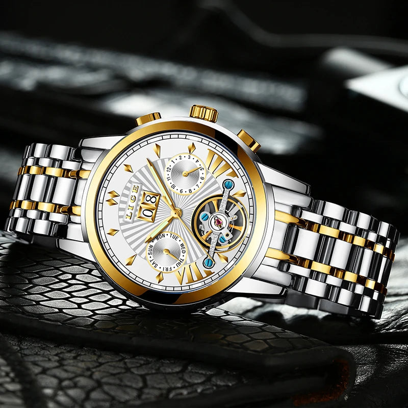 Reloj de pulsera mecánico automático LIGE 2026 para hombre, reloj de lujo de marca superior con tourbillon, reloj de moda para hombre, resistente al agua para negocios