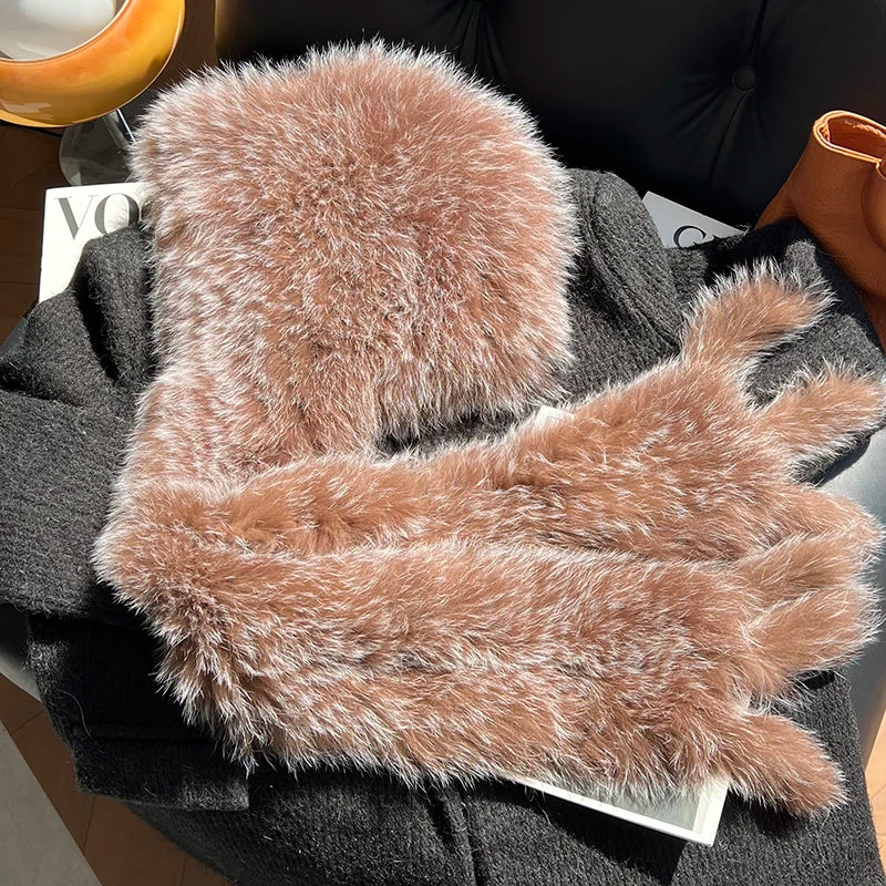 Gorro de invierno con forro de piel de zorro auténtica, gorro con bufanda integrada, gorro cálido y de diseño moderno, gorro de piel de zorro de doble cara, con forro de felpa gruesa y protección para las orejas.