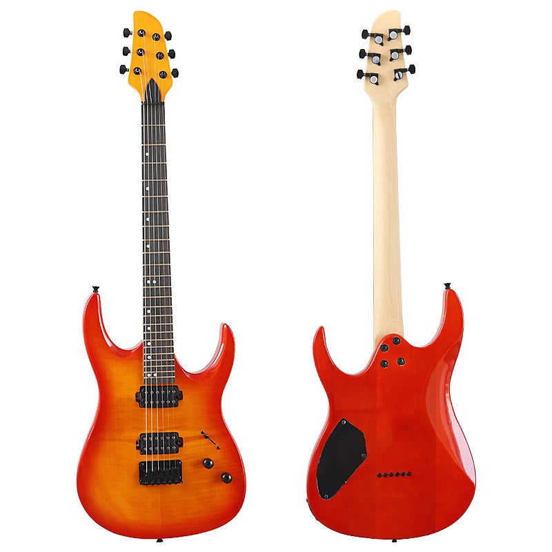 Guitarra Eléctrica de Alta Gama de 6 y 7 Cuerdas, Tapa de Arce Flameado, Cuerpo Sólido de Okoume, 39 Pulgadas, Acabado Brillante con Arce Canadiense