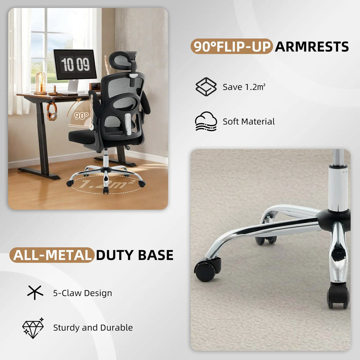 Silla ergonómica negra: base metálica de cinco ruedas y reposabrazos abatibles.