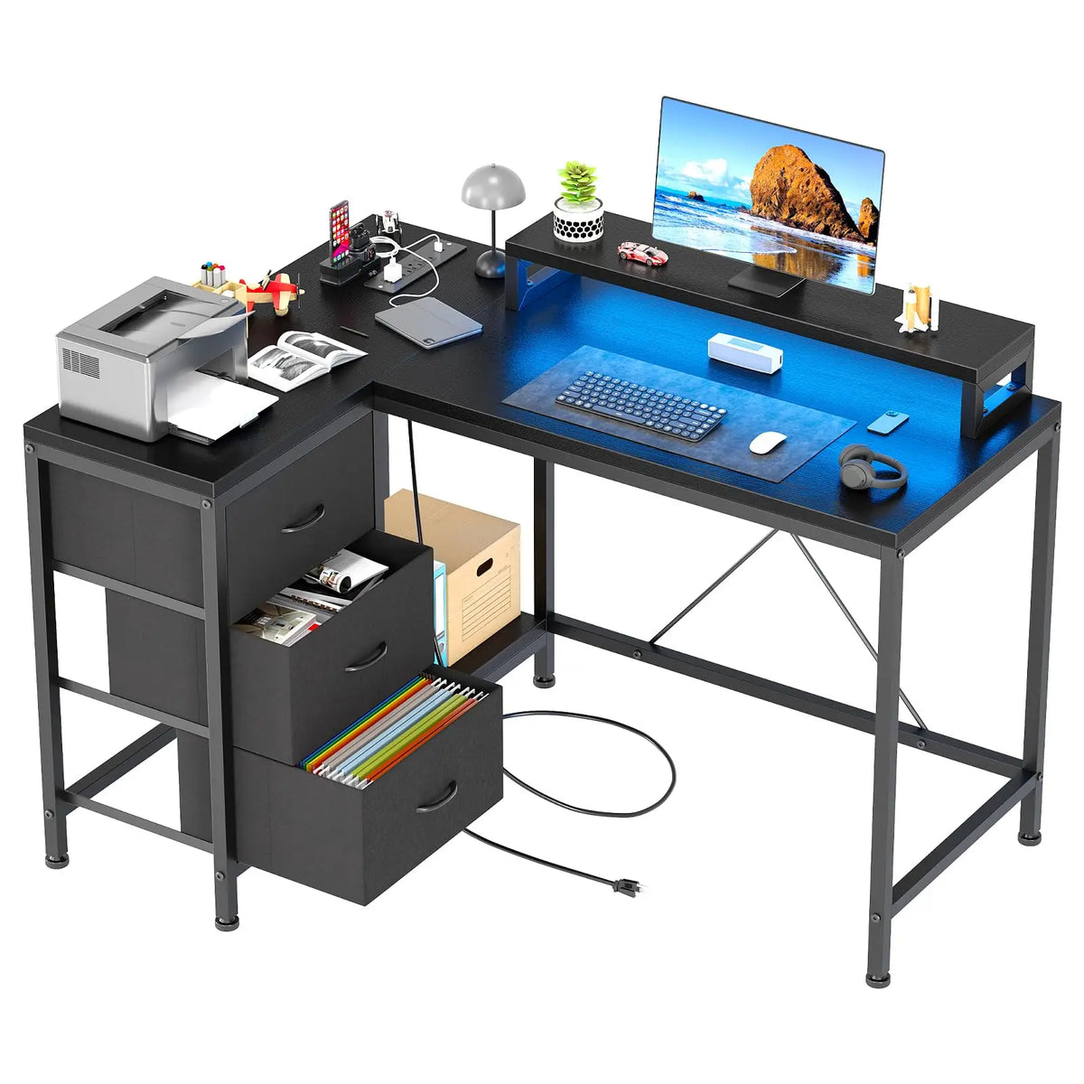 Escritorio gaming en L gris con cajones, repisa y luz LED azul en la encimera