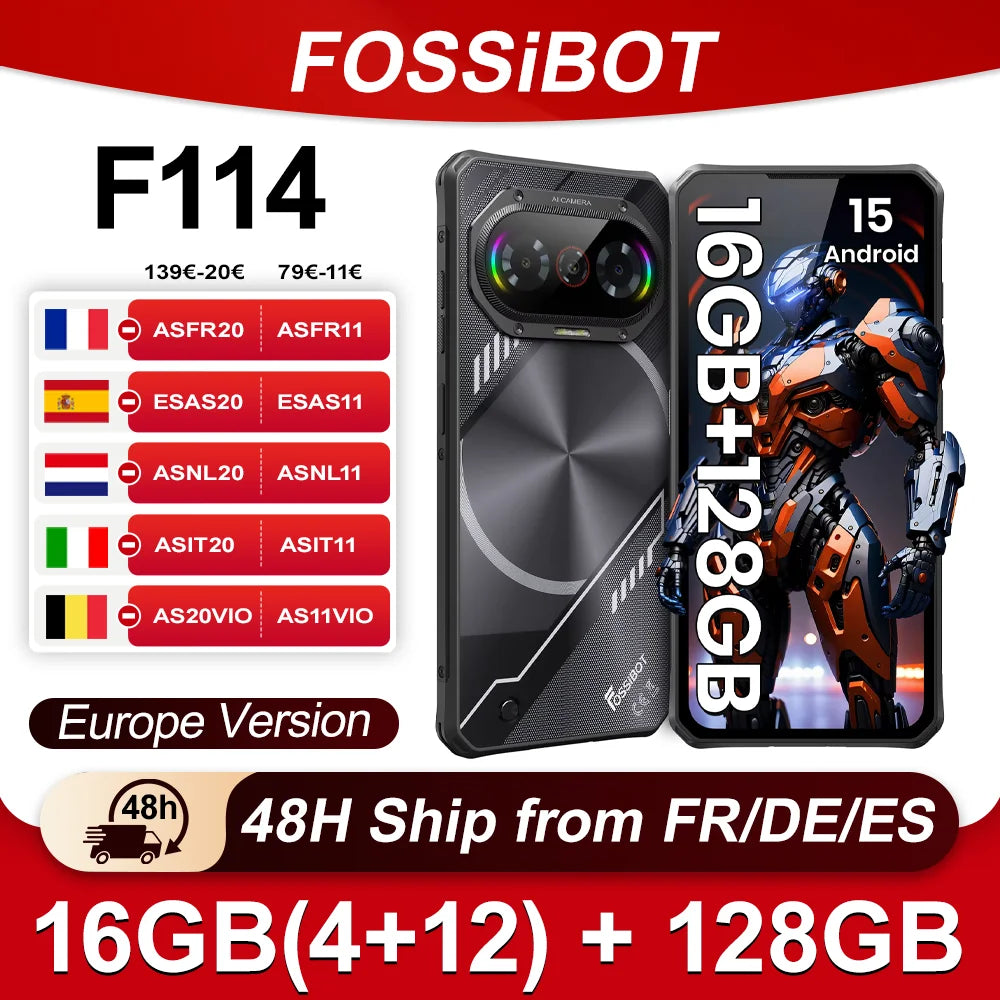 Teléfono inteligente resistente ultradelgado Fossibot F114 Android 15, 16GB (4+12) 128GB, cámara de 50MP+8MP+2MP, 5000mAh, 18W, pantalla HD+ de 6.67''
