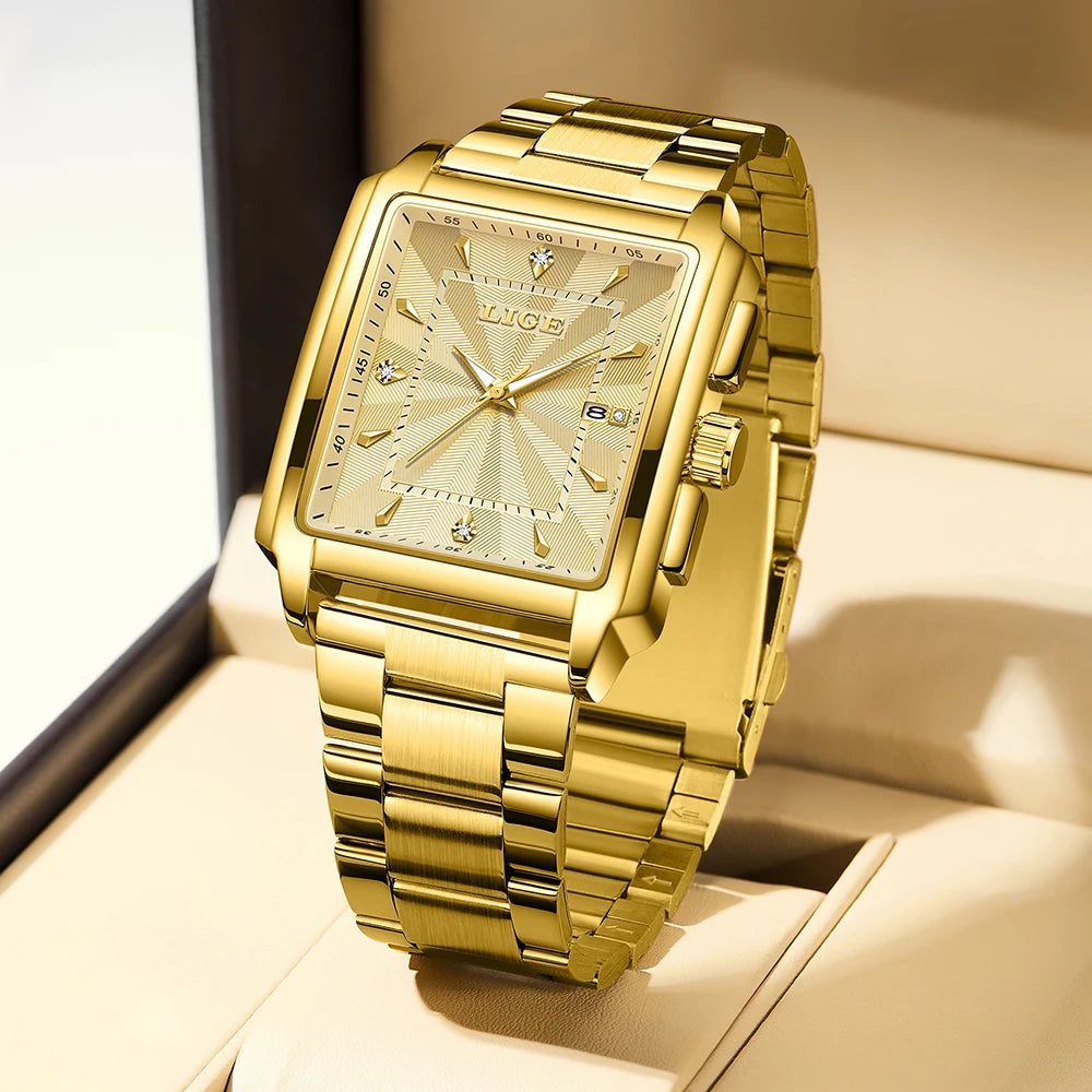 Reloj de pulsera LIGE de lujo para hombre, resistente al agua, luminoso, con fecha, de acero inoxidable, reloj cuadrado deportivo para hombre, reloj de cuarzo casual