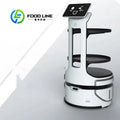 Robot camarero blanco con bandejas y pantalla superior negra