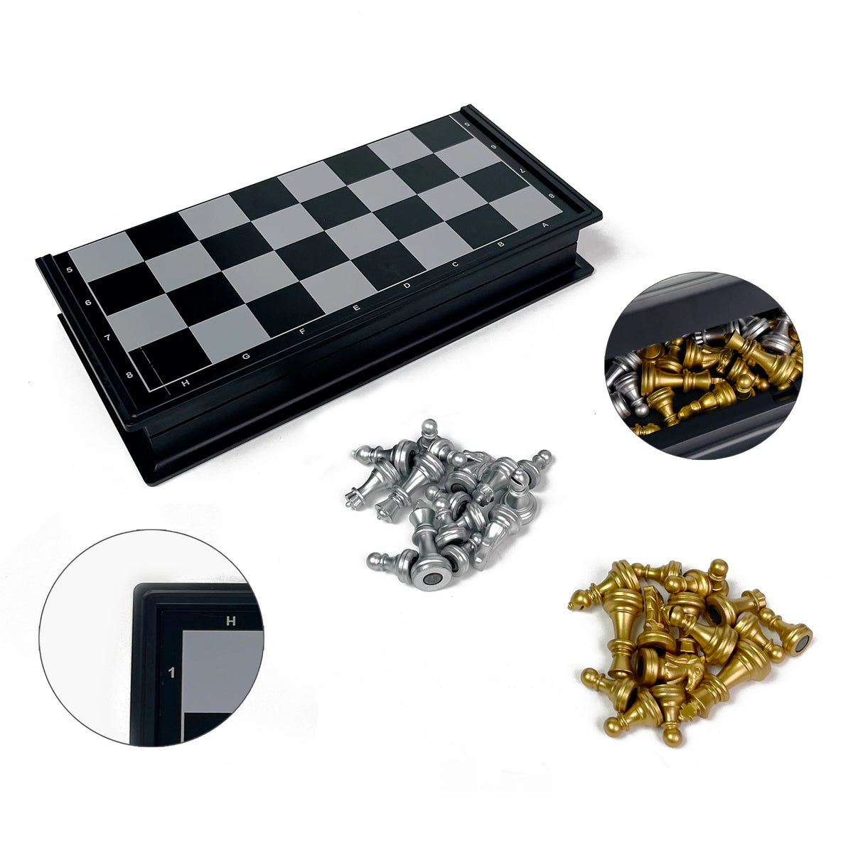 Juego de ajedrez magnético plegable, set de ajedrez dorado y plateado, juego de mesa portátil de plástico para viajes y competición con tablero