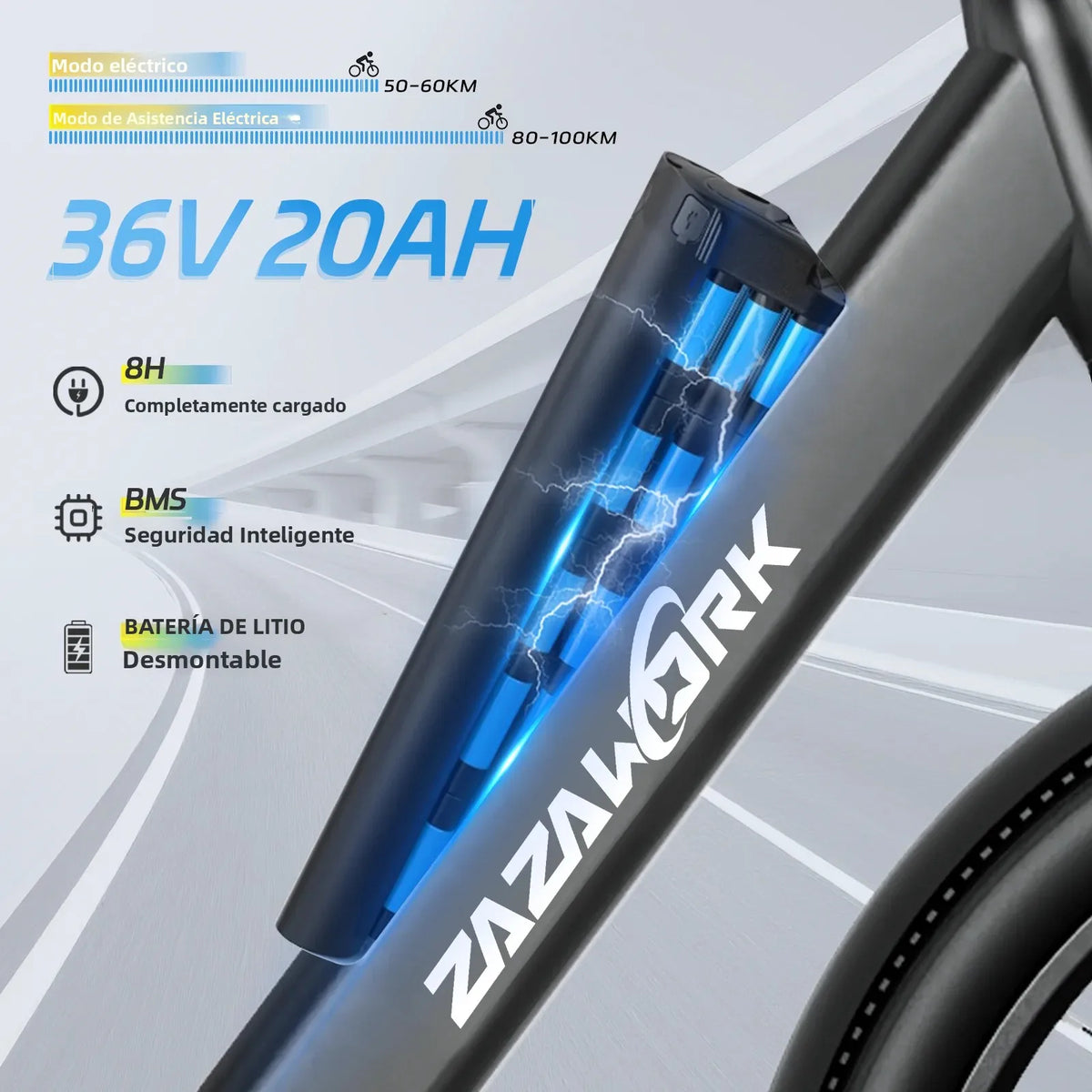 Bicicleta eléctrica ZAZAWORK C28 de 29 pulgadas, bicicleta eléctrica de largo alcance, motor de 250W, batería de 36V 20Ah, bicicleta eléctrica de 120km para adultos, bicicleta urbana de cercanías, frenos de disco mecánicos, con certificación CE