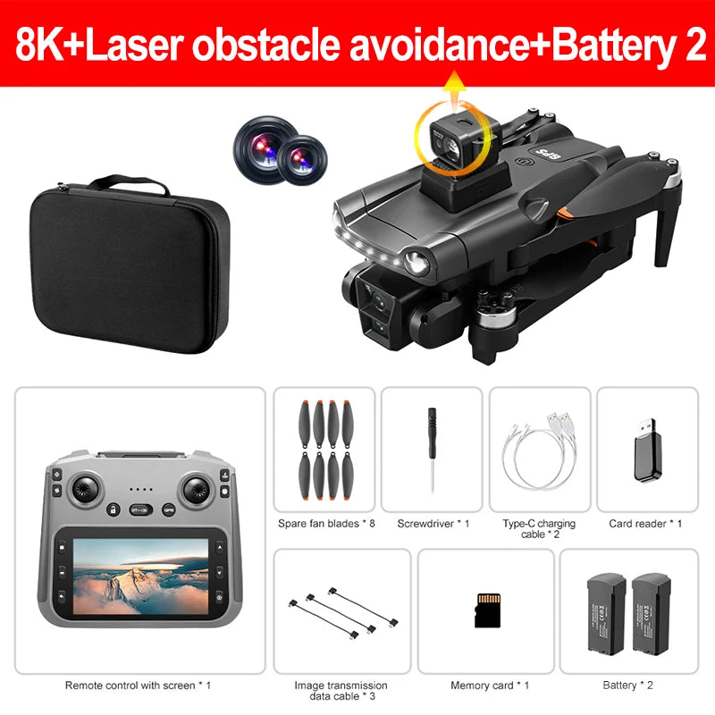 Kit del dron 8K con láser: estuche negro, control con pantalla y dos baterías