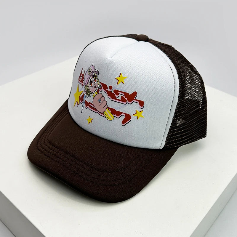 Gorra de béisbol estilo americano para crucero, con estampado de anime y letras, de malla tipo camionero, transpirable, para hombres y mujeres, versátil y a la moda