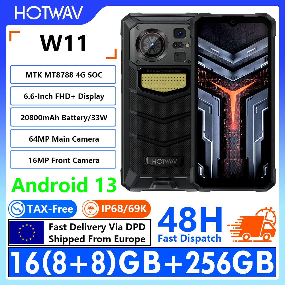 [Enviado desde Europa]HOTWAV W11 Teléfono Robusto 4G Pantalla FHD+ de 6.6 pulgadas 16(8+8)GB RAM+256GB ROM MTK MT8788 4G Batería de 20800mAh Carga Rápida de 27W Cámara de 64MP+16MP Android 13 NFC