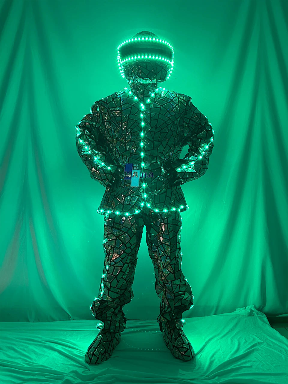 Traje de robot con iluminación LED, revestimiento de espejo, diseño geométrico, para espectáculos de DJ, bares y escenarios.