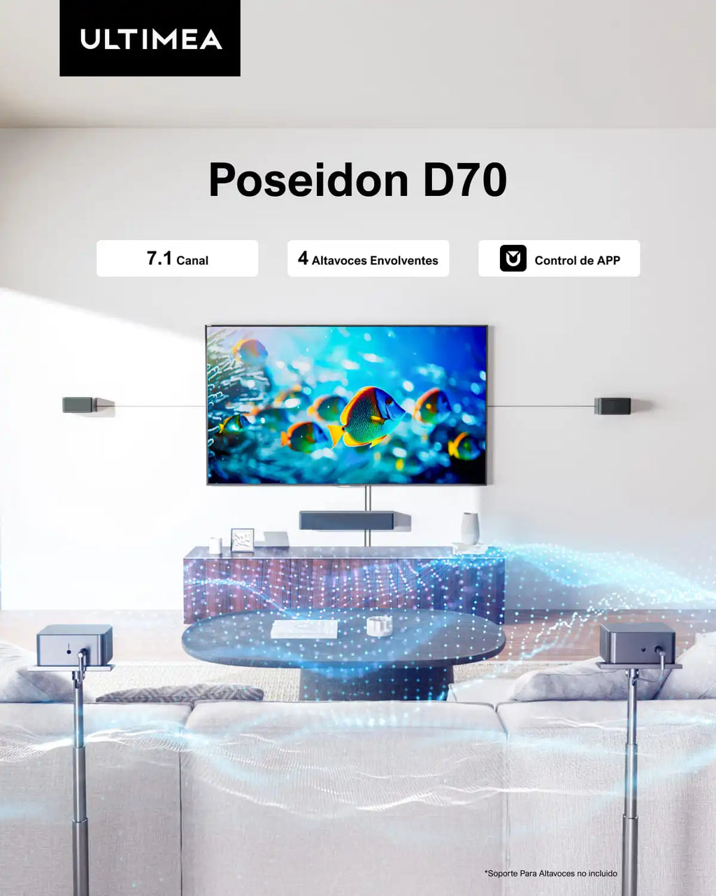 Barra de Sonido Envolvente ULTIMEA 7.1, Sistema de Sonido Envolvente Virtual 3D con Subwoofer, 2 Altavoces Traseros, Altavoces para TV de Cine en Casa, Negro