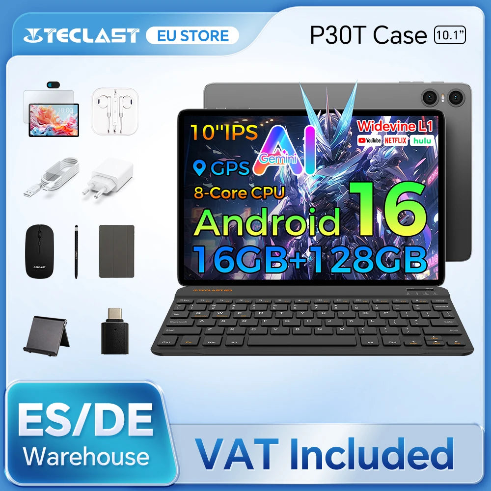 Teclast P30T Case 10.1" Tablet AI Gemini Android 16 16GB(3GB+13GB Expansion) RAM 128GB ROM 8-core CPU All-in-one Keyboard/Case/Mouse/Stylus/Earphones/Tablet Stand