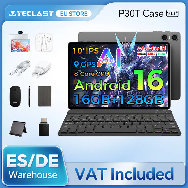 Teclast P30T Case 10.1" Tablet AI Gemini Android 16 16GB(3GB+13GB Expansion) RAM 128GB ROM 8-core CPU All-in-one Keyboard/Case/Mouse/Stylus/Earphones/Tablet Stand