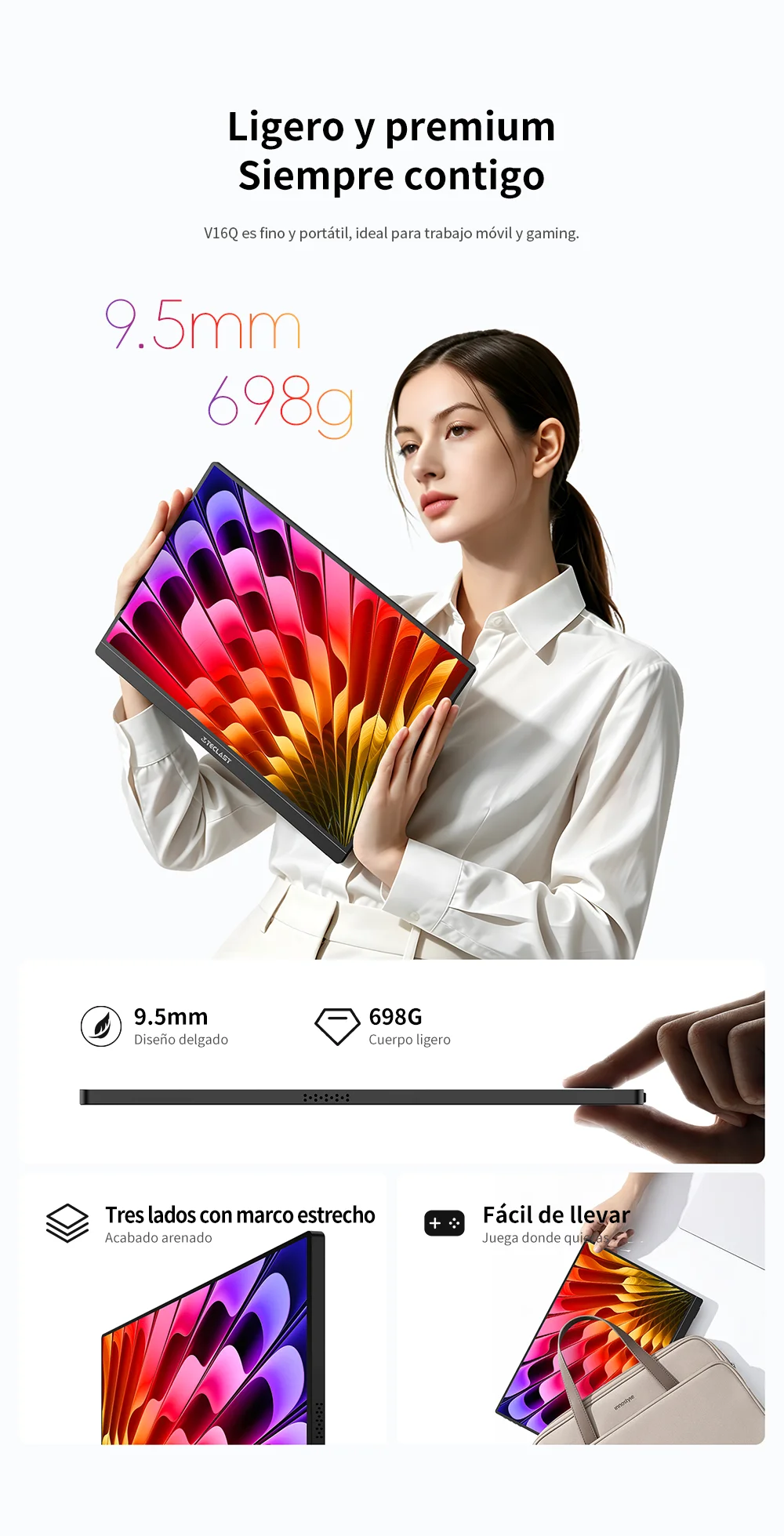 TECLAST V16Q Monitor portátil de 16 pulgadas 2.5K WQXGA 2560x1600 144Hz 16:10 USB-C Mini HDMI 490nits Ultra delgado con altavoces duales Pantalla externa para portátil, Mac, teléfono, trabajo desde casa, montaje