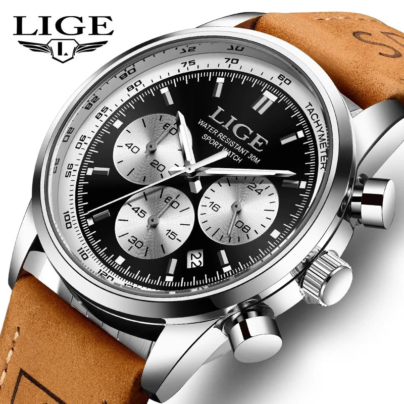Reloj LIGE de lujo para hombre, cronógrafo de alta calidad, resistente al agua, luminoso, reloj de pulsera de cuarzo con correa de piel, estilo casual