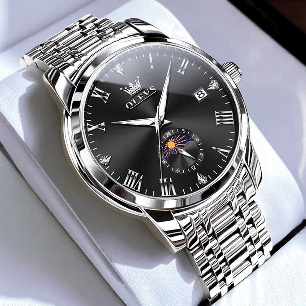 Reloj de hombre OLEVS 3656 de marca, reloj de cuarzo original a la moda para hombre, reloj de pulsera luminoso de acero inoxidable resistente al agua con fase lunar