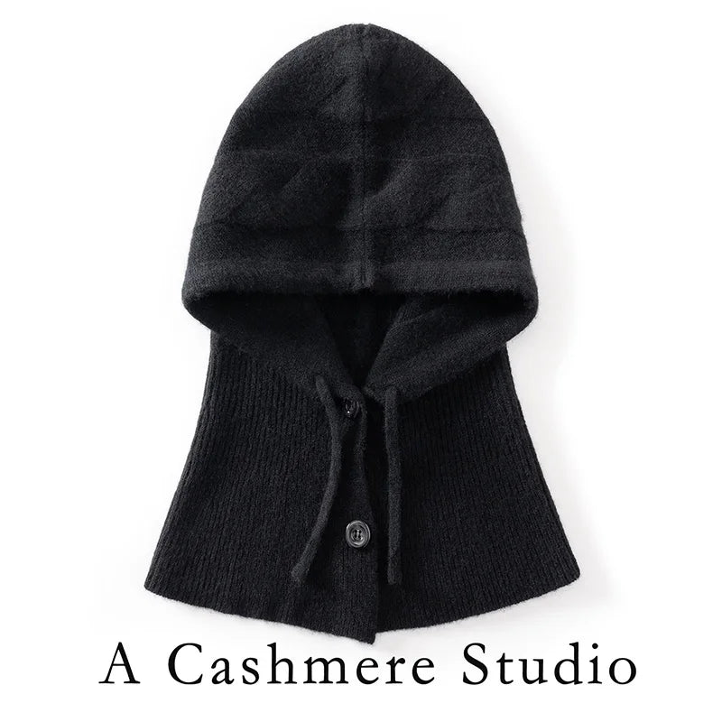 Gorro 100% de cachemira con capucha integrada de punto trenzado grande y cuello calentador, gorro tipo pasamontañas con botones para mujer, gorro cálido tipo pullover.