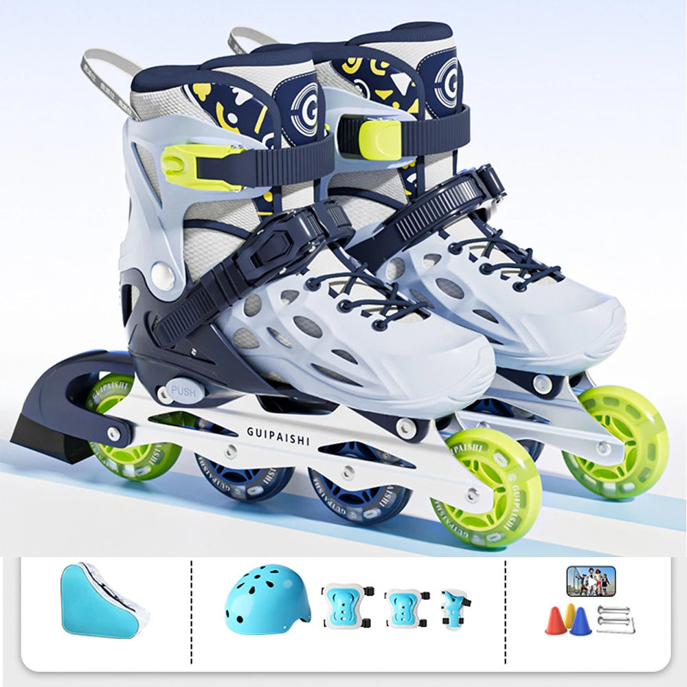 Patines en línea con casco, coderas y rodilleras, juego de bolsa para zapatos, zapatillas Flash de 4 ruedas para niños y niñas, zapatos de Skate ajustables