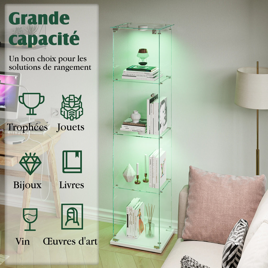 Vitrina de cristal con luces LED, vitrina de exhibición con 4 estantes de cristal y puertas con cerradura, vitrina moderna para coleccionables, libros, figuras, sala de estar, 163 X 80.6 X 36.5 CM