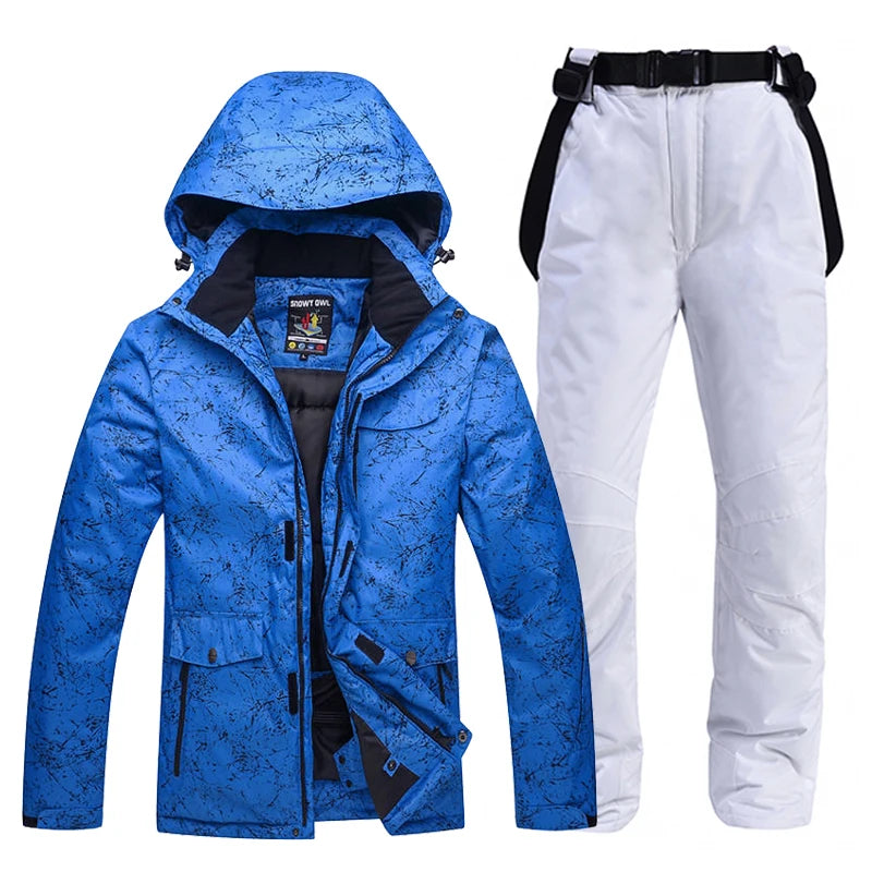 -30 Conjuntos de trajes de nieve blancos para hombres o mujeres Ropa de invierno al aire libre Ropa de snowboard Disfraces impermeables Chaqueta de esquí + Baberos de pantalón de nieve