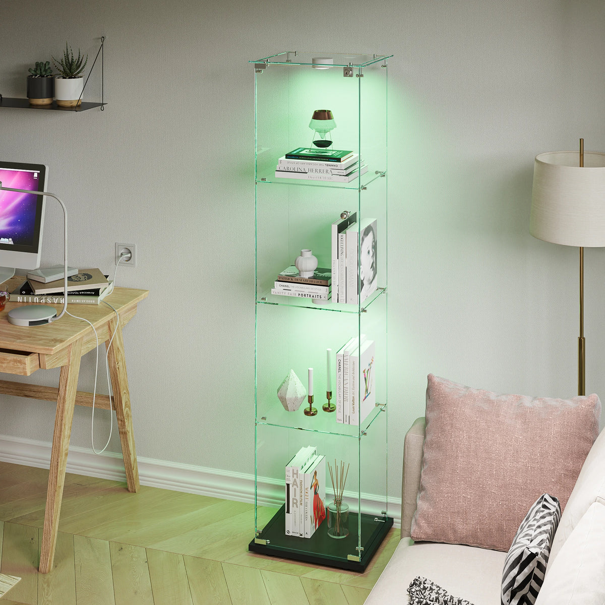 Vitrina de cristal con luces LED, vitrina de exhibición con 4 estantes de cristal y puertas con cerradura, vitrina moderna para coleccionables, libros, figuras, sala de estar, 163 X 80.6 X 36.5 CM