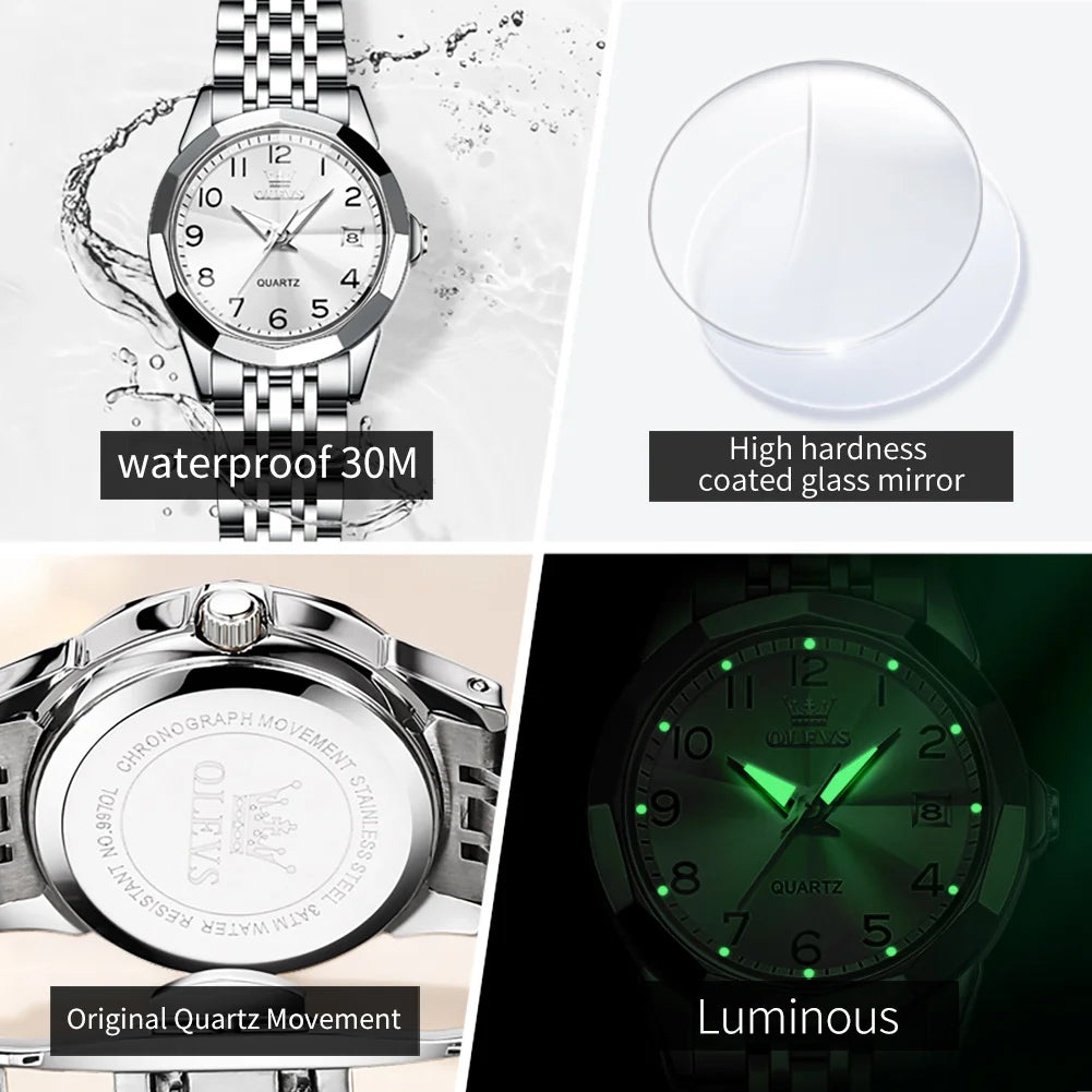 OLEVS Womens Watch Classic Dress Number Female Watches for Ladies Analog Quartz Stainless Steel Waterproof Luminous Date 9970