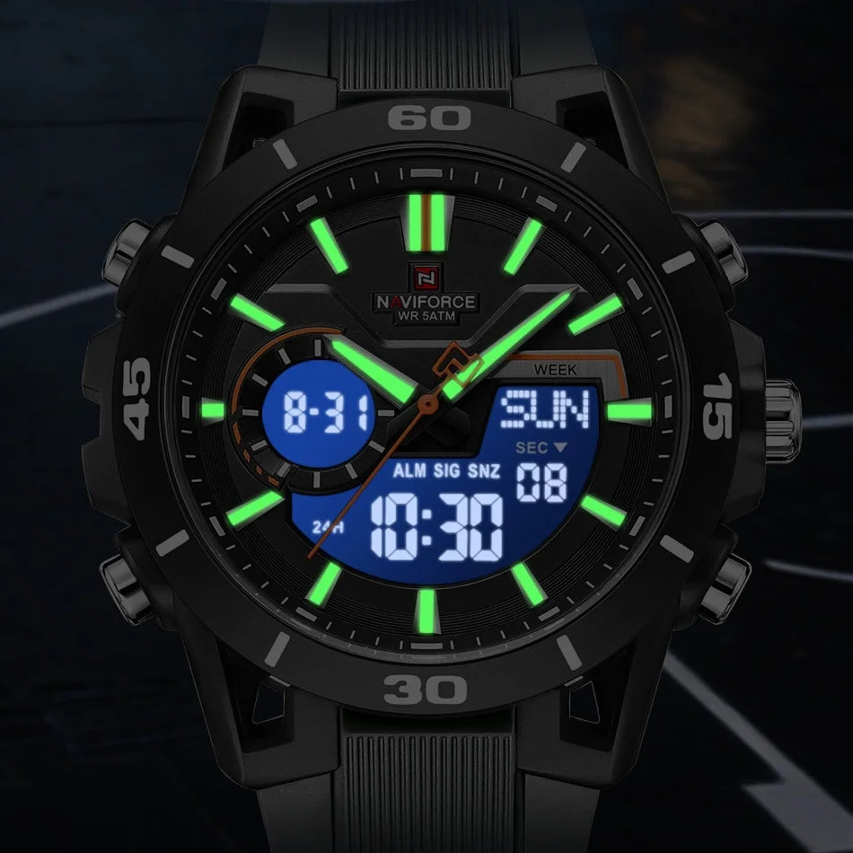 NAVIFORCE Men's Dual Display Sports Watch Analog-Digital Chronograph Alarm Stopwatch Dual Time Zone LED Luminous Waterproof