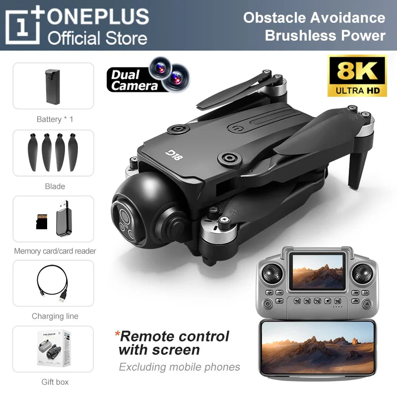 Dron OnePlus D18 con Cámara Dual 8K Aérea HD, Evitación Inteligente de Obstáculos, Motor sin Escobillas, GPS de Retorno y Control Remoto con Pantalla