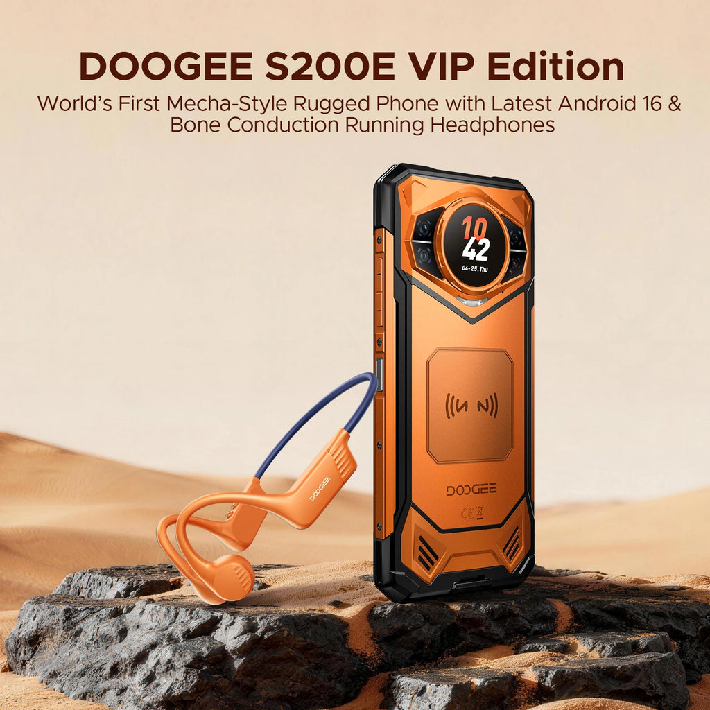 DOOGEE S200E AI Rugged Phone Android 16 1.32" AMOLED Rear Display 10100mAh Battery Dimensity 7050 48GB RAM(8+40) 256GB ROM NFC Google Pay Supports VIP Edition with Bone Conduction Running Headphones