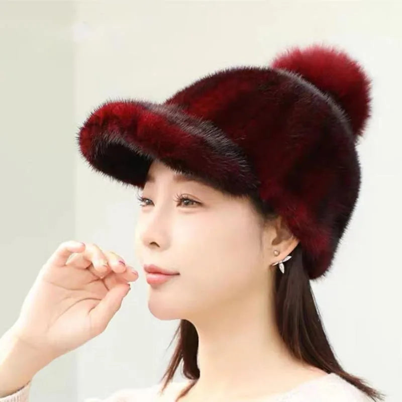 Gorro de piel de visón auténtica para mujer, gorro informal de pico de pato con bola de piel de zorro, gorro de caballero tejido a la moda, gorros de béisbol de piel auténtica gruesa