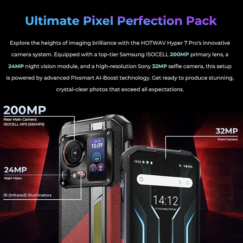 Teléfono resistente HOTWAV Hyper 7 Pro Dimensity 7050 5G 200MP Android 14 6.6'' FHD+ 120Hz Smartphone 36GB 256GB 10800mAh 33W Celular