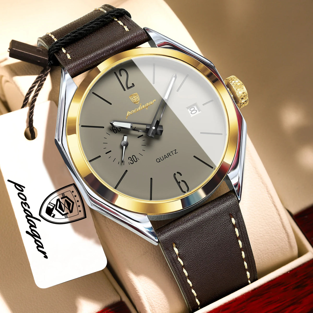 Reloj de hombre POEDAGAR de alta moda, con correa de piel, fecha, cuarzo, estilo negocios, resistente al agua, luminoso y casual