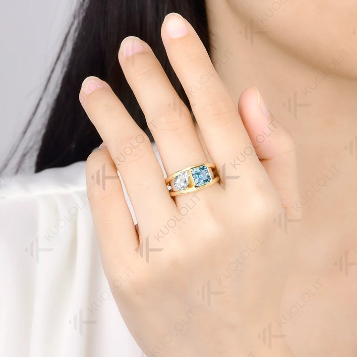 Anillo de Moissanita Cian Kuololit con Corte Asscher y Diseño Personalizado para Mujer, Oro Amarillo Sólido 14K 10K 585, para Regalo de Navidad o Aniversario