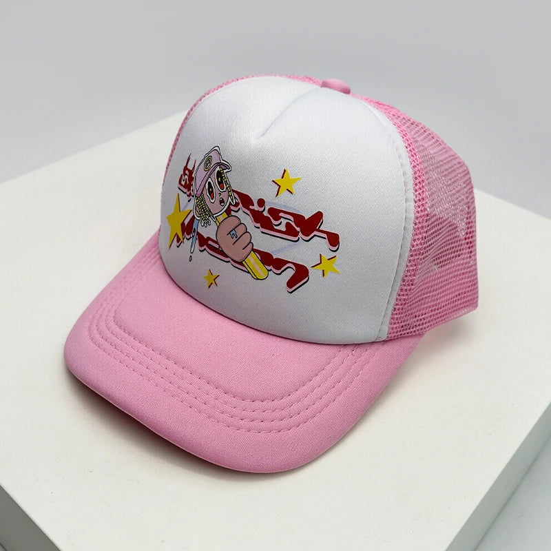 Gorra de béisbol estilo americano para crucero, con estampado de anime y letras, de malla tipo camionero, transpirable, para hombres y mujeres, versátil y a la moda