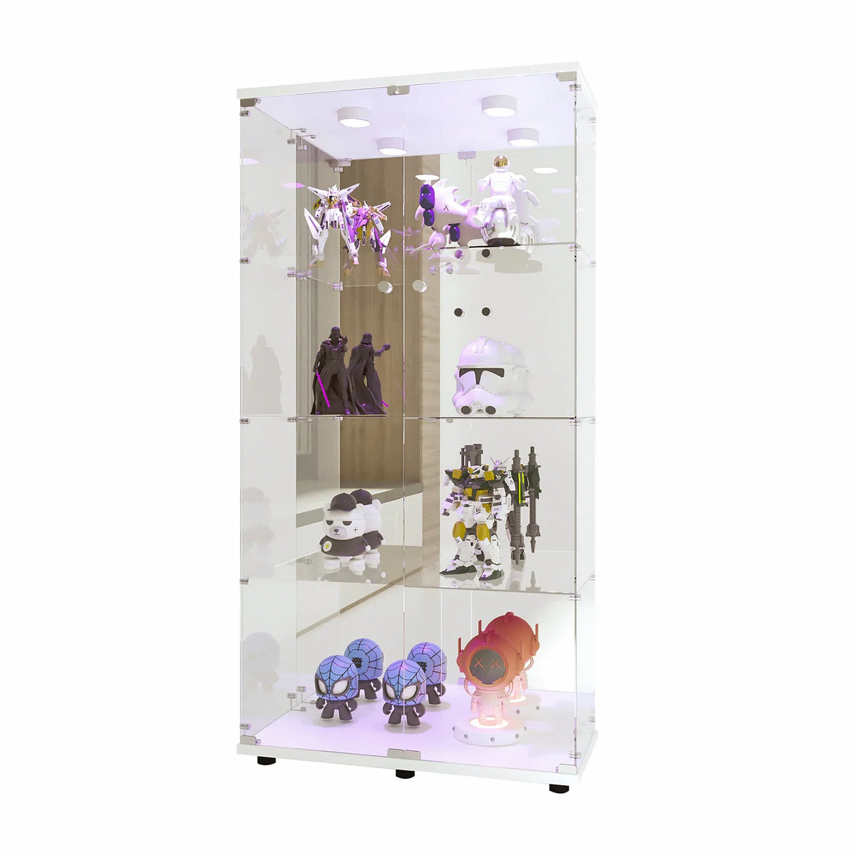 Vitrina de cristal de 4 niveles con luces LED, gabinete expositor de doble puerta para objetos de colección, decoración para sala de estar y hogar