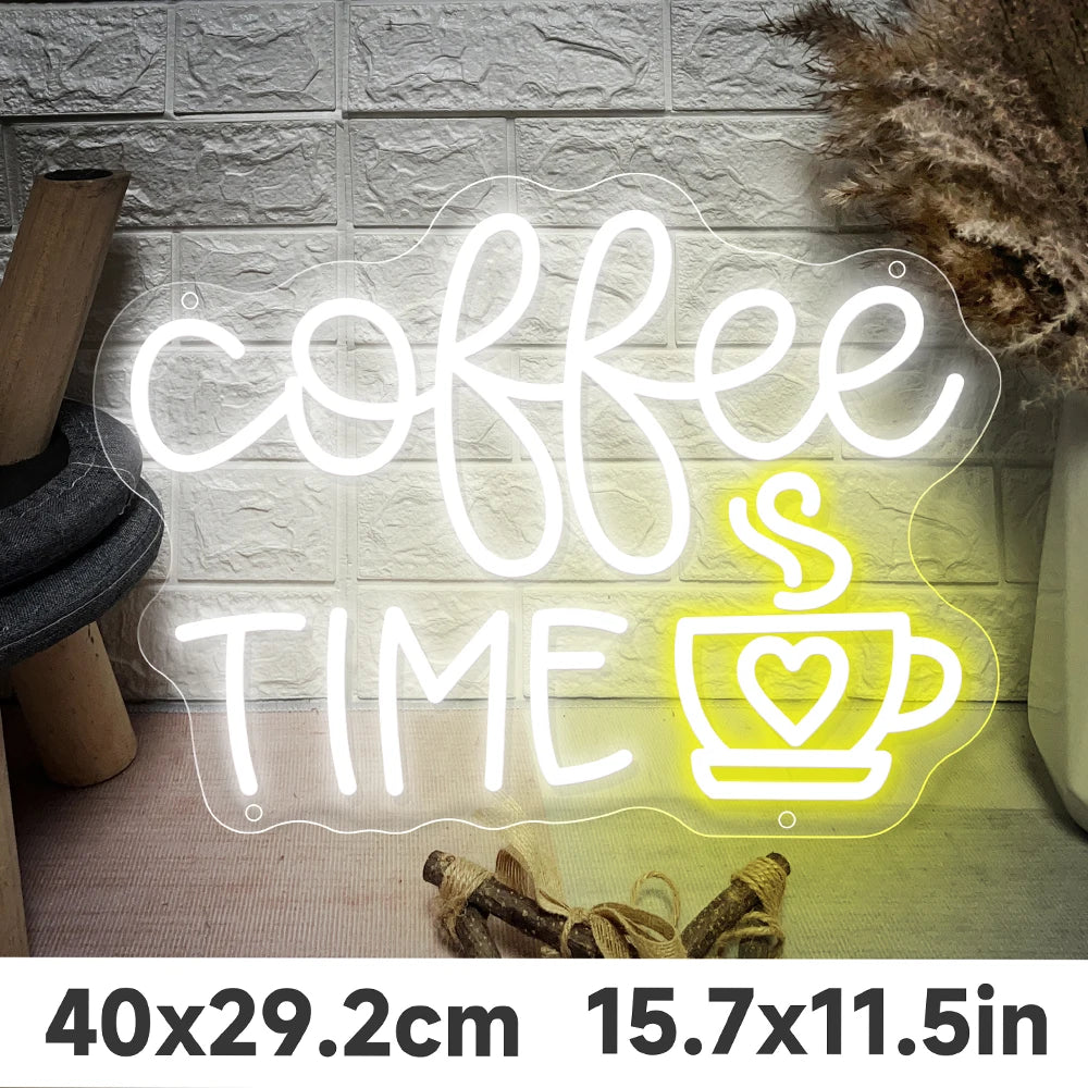 Letrero LED de neón «COFFEE» y «TIME» con taza; blanco y amarillo