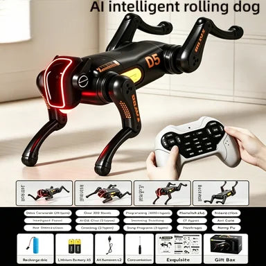 Perro robot giratorio blanco y negro con luces rojas; mando remoto con botones
