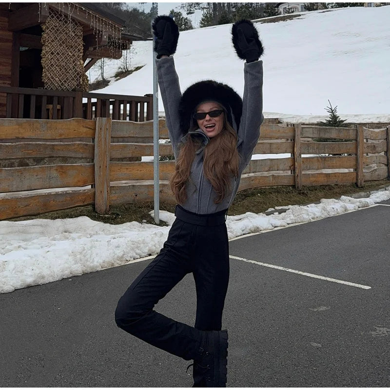Traje de esquí de una pieza para mujer, con capucha y detalles de piel sintética, cinturón, corte ajustado, resistente al viento, ideal para esquí de invierno, snowboard y actividades al aire libre.