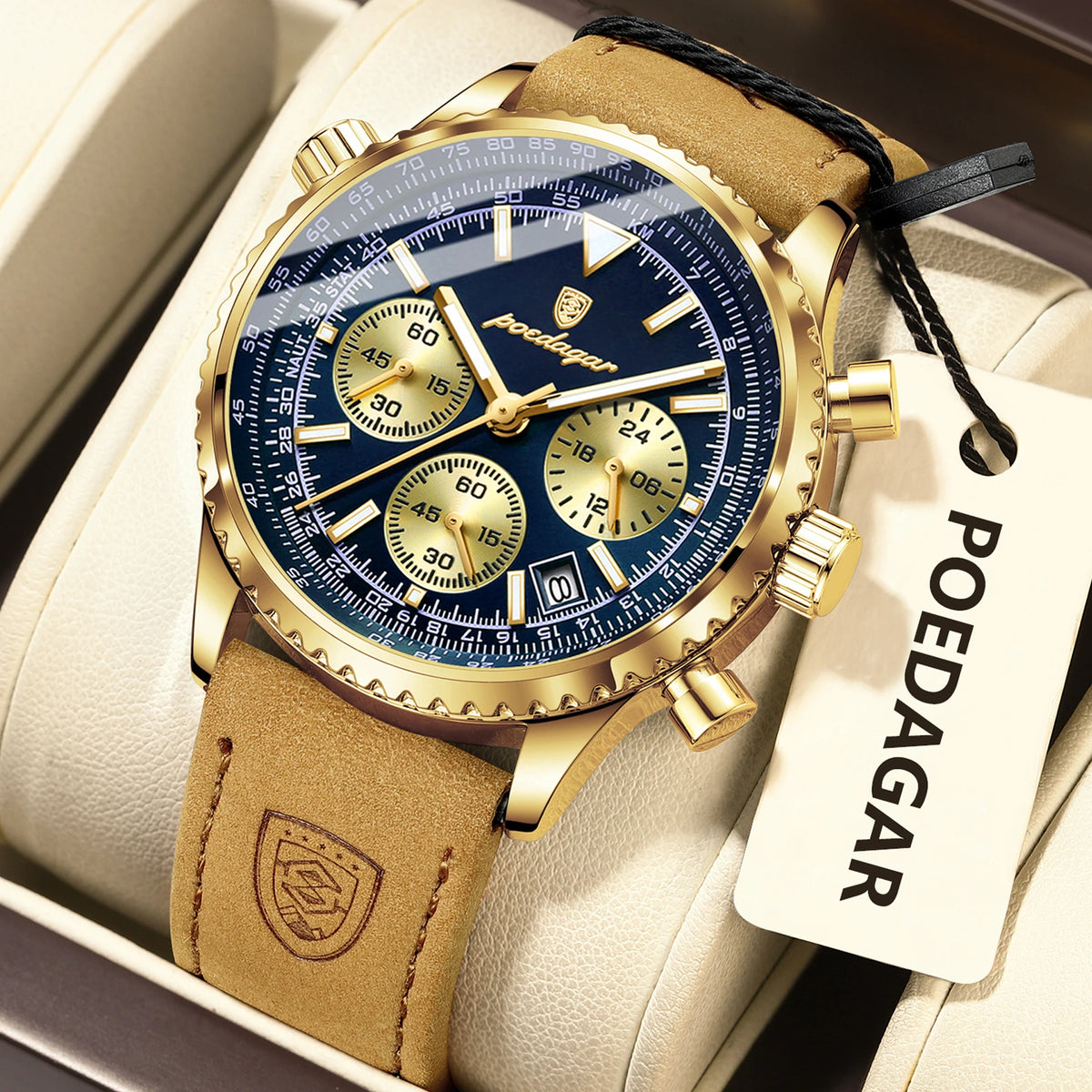 Reloj de cuarzo para hombre POEDAGAR, de lujo, para negocios, resistente al agua, luminoso, con fecha, cronógrafo y correa de piel.